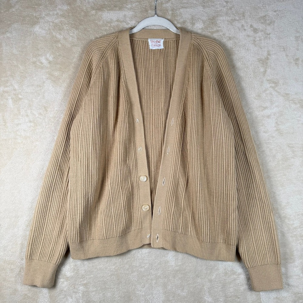 THANE‎ Vintage Tan Ribbed Cardigan Sweater Womens XL V Neck Button Front